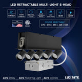 LUXRITE 5-Head Adjustable Recessed LED Spotlight, Retractable Directional Light, 5CCT 2700K-5000K, CRI90, 15W, 1000LM, Adjustable Head 355° Rotation & 80° Tilt, Dimmable, IC Rated, ETL, Black (4 Pack)