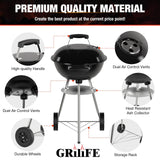 GRiliFE 18 inch Charcoal Grill, Portable Kettle BBQ Grills, Perfect BBQ Gift, Durable & Easy to Assemble, Round Barbecue Grill with Wheels and Lid for Outdoor Cooking, Patio and Beach, Black