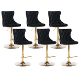 MOOLSUN Rotating Velvet Bar Stools Set of 6, Modern Padded with Nailhead Trim and Tufted Back, Adjustable Swivel Counter Height Stools for Kitchen Island, Bar, Club,Black(Gold Base)