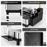 Ewaiira Dish Drying Rack, 304 Stainless Steel Dish Racks for Kitchen Counter, Dish Drainers with Automatic Drainage, Utensil Holder & Cups Holder, Space Saving Kitchen Organizer, Black 16.5''x12.6''