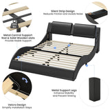 DICTAC Queen Bed Frame with Led Lights and Charging Ports Modern Upholstered Queen Size Platform Bed with Headboard Faux Leather Wave Like Curve Low Profile Platform Bed Frame,Wood Slats Support,Black
