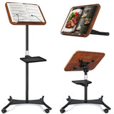 2 in 1 Dual-use Music Stand & Desktop Book Stand, Adjustable Height 16.5"-51", 100% Solid Wood Laptop Floor Stand Book Holder with Elastic Page Clips for Cookbooks (Black Walnut with Tray and Wheels)