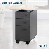 Vari Slim File Cabinet - Three Drawer Office Filing Cabinet, Modern Mobile Pedestal with Heavy-Duty Steel - Lockable Storage with Roll-and-Lock Caster Wheels