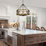 Modern Chandelier for Dining Room, 6-Light Wood Grain Finish Farmhouse Chandelier, 22.5” Rustic Drum Hanging Light Kitchen Island, Round Metal Hanging Light Fixture for Foyer, Entryway, Bedroom
