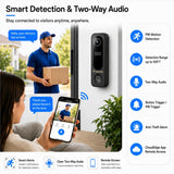 Zoomcritter Wireless Video Doorbell Camera, 2K 3MP HD Doorbell Camera with PIR Motion Detection, Two-Way Audio, Night Vision, Battery Powered, 2.4GHz WiFi, IP65 Weatherproof, Black