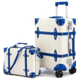 universal trotter Vintage PU Leather Luggage Set, Retro Trunk Suitcase with Wide Aluminum Frame, TSA Key Locks and Smooth 360° Spinner Wheels (Coastal Blue Trim,20"+12")