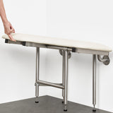32" x 22.5" White Padded Wall Mount Folding Right-Handed Transfer Bench Shower Seat with Legs, ADA Compliant