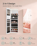 SONGMICS 55 Inches Tall Spacious Jewelry Cabinet, Jewelry Armoire with Light-Up Interior Mirror, Wall or Door Mounted Jewelry Storage Organizer, Lockable, Gift Idea, Cloud White UJJC032W01