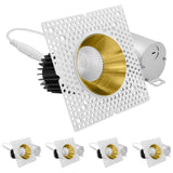 LUXRITE 3-Inch LED Trimless Recessed Spotlight with Brass Reflector Trim Replacement 15W, 1100LM, 2700K-5000K, 60° Beam Angle, Dimmable, Push-n-Lock, CRI90, Damp & IC Rated, ETL White + Brass (4 Pack)