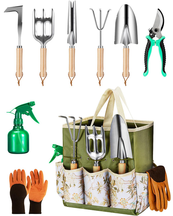 9-Piece Premium Gardening Tool Set for Women - Heavy Duty Stainless Steel Rust-Proof Tools with Fashion Storage Tote