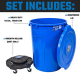 Blue 44 Gallon Trash Can Set (Trash Can, Quiet Dolly, and Reinforced Lid), Construction Grade