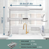 Babosas Over The Sink Dish Drying Rack,3 Tier Adjustable Length (25.5'' to 37.4'') Full Stainless Steel Large Storage Kitchen Dish Rack,For Kitchen Counter Expandable Multifunctional Organizers,Silver