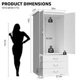 FJTJBSI Wooden Armoire Wardrobe Closet with 3 Drawers and LED Light 72" Modern Bedroom Armoire with Retro Ceramic Door Handles Wardrobe Cabinet with Removable Hanging Rod White