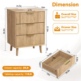 Go Beyond Fluted Night Stand with Charging Station, 3 Drawers Large End Table, Natural Nightstand Set of 2 with Storage, Wood Bedside Tables for Living Room, Bedroom (Wooden)