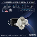 LUXRITE 4 Inch Recessed Light, Regressed Canless LED Spotlight, 5CCT 2700K-5000K, CRI90, 22W, 1700 Lumens High Output, 60º Wide Flood, Round Brushed Nickel Trim, Dual Dimmable, IC & Wet Rated (4 Pack)