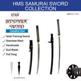 HMS Japanese Samurai Katana and Wakizashi Daisho Combo Set, Iron Tsuba, Hand Forged, Stainless Steel, Black Wooden Scabbard, Unsharpened