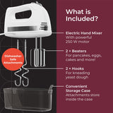 Mueller Electric Hand Mixer, 5 Speed with Snap-On Case, 250 W, Turbo Speed, 4 Stainless Steel Accessories, Beaters, Dough Hooks, Baking Supplies for Whipping, Mixing, Cookies, Bread, Cakes, White