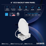 LUXRITE 6 Inch LED Recessed Light, ECO Backlit Mini Panel Spotlight, 5CCT 2700K-5000K, 1400 Lumens, High Output, 15 Watts, Dimmable, IC Rated, Wet Rated, ETL Listed, Energy Star, Round (48 Pack)