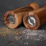 DeroTeno Salt and Pepper Mill Set with Tray, Adjustable Ceramic Grinder Salt Mill, Stainless Steel Grinder Pepper Mill, Acacia Wood, 20.5 cm/ 8 Inch Height, Bottom Dia 6 cm /2.36 inch