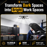 Nexa-Elite LED Garage Lights 2 Pack, 14000LM Garage Lighting, 10+1 Adjustable Panels, 90W High-Efficiency 6500K Deformable LED Garage Ceiling Lights, E26/E27 Screw-in for Basement, Workshop, Warehouse