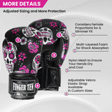 Boxing Gloves Women Punching Sparring Kickboxing MMA Training Heavy Bag Glove Pink White Rosy Black Leather for 8 10 12 14 oz for Womens(Black Printed, 14 oz) FINGER TEN
