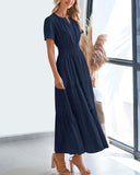 BTFBM Womens Summer 2026 Casual Midi Maxi Dresses Lightweight Short Sleeve V Neck Elastic Waist Boho Beach Dress Pockets(Navy, Medium)