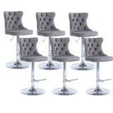 MOOLSUN Rotating Velvet Bar Stools Set of 6, Modern Padded with Nailhead Trim and Tufted Back, Adjustable Swivel Counter Height Stools for Kitchen Island, Bar, Club,Gray(Silver Base)