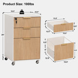 3 Drawers Fluted Mobile File Cabinet with Lock, Rolling File Cabinet Printer Stand Table, Under Desk Wooden Filing Cabinets for Home Office Essentials Storage Organization Furniture Letters/A4(Oak)