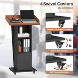 Baoz 15° Tilted Podium Stand with Storage & Lockable Wheels, Wooden Lectern with Adjustable Shelf,