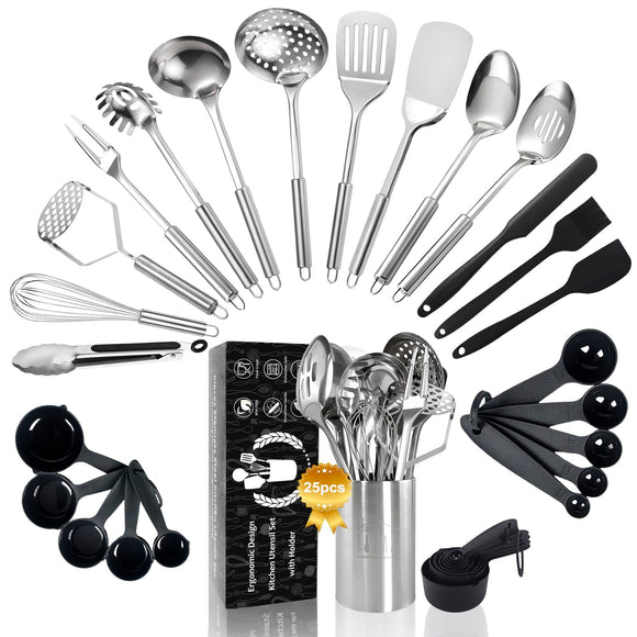 25Pcs Cooking Utensils Set, Stainless Steel Kitchen Utensils Set with Holder, Heat Resistant Metal Spatula Set Utensils Set Blithely