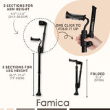 Famica Crutch for Adult (x1 Unit, Open Cuff) - Adjustable Ergonomic Handles, Cuff, Height, Foldable, Lightweight and Non-slip Forearm Crutches