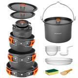 18pcs Camping Cookware Large Size Hanging Pot Pan Kettle Set with Plastic Plates Bowls Soup Spoon Odoland