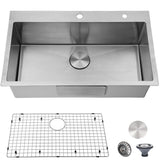 VESLA HOME 30 inch Drop in Kitchen Sink, Topmount Single Bowl 304 Stainless Steel Handmade Satin Finish Kitchen Sinks with Dish Grid and Strainer