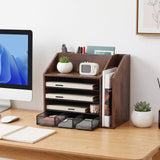 5-Tier Wood Desk Organizer and Pen Holder, File and Mail Sorter with Drawer