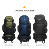 Teton 65L Explorer Internal Frame Backpack for Hiking, Camping, Backpacking, Rain Cover Included, Olive