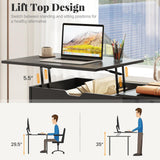 Tangkula Computer Desk with Lift Top, Space Saving Standing Desk with Hidden Compartment and Open Storage Shelves