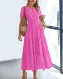 BTFBM Womens Summer 2026 Casual Midi Maxi Dresses Lightweight Short Sleeve V Neck Elastic Waist Boho Beach Dress Pockets(Rose Red, Small)