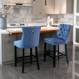 MOOLSUN Set of 4 Blue Velvet Bar Stools - Classic Fixed Height Design with Button Tufted Seat, Solid Wood Frame & Chrome Nailheads, Perfect for Standard Kitchen Island & Home Bar,Blue(Wood Leg)