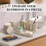 LIN CHUAN 6-Piece Bathroom Accessories Set, Bathroom Accessory Set with Soap Dispenser, Toothbrush Holder Set, Vanity Tray, Tumbler & 2 Cotton Swab Jars, Modern Stylish Bathroom Organizer(Beige)