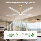 60 Inch White Ceiling Fan with Light, Gold Brass Finish,5 Solid Wood Blades