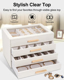 GUOER Jewelry Box for Women 4 Layers, Glass Lid Jewelry Organizer with 4 Drawers Cloud White PU Jewelry Storage Case for Necklaces Rings Earrings Bracelets Mother's Day