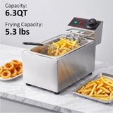 ODPFTY Deep Fryer Stainless Steel - 6.3Qt Commercial Style Electric Fryer with Adjustable Thermostat, Rapid Heating & Oil Filtration Basket - Safe for Home Kitchen (Chips/Chicken/Donuts), 2500W, 6L