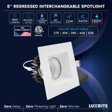 LUXRITE 5 Inch LED Recessed Light, Regressed Spotlight with Square White Interchangeable Trim, 22W, 1800LM, 5CCT 2700K–5000K, 60° Beam, Dimmable, Twist-N-Lock, CRI90, Wet & IC Rated, ETL (4 Pack)