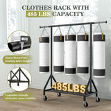 Holiwei Clothes Rack Load 450 LBS, Heavy Duty Garment Rack, Standing Rolling Metal Hanging Clothes with Sturdy Wheels & Shelves, Black