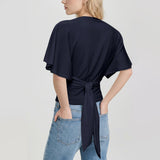 SeeLuNa Women Cinched Waist Shirts Stretchy Dolman Sleeve Boat Neck Knit Top Trendy Streetwear Outfits Basic Workout Tee Tops(Navy,XS)