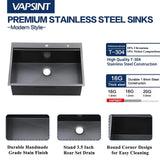 33x22 Inch Black Drop In Kitchen Sink - VAPSINT 33 Inch Top Mount Single Bowl 9 Inch Deep Handmade Workstation Sink in Gunmetal Stainless Steel with Cutting Board & Strainer