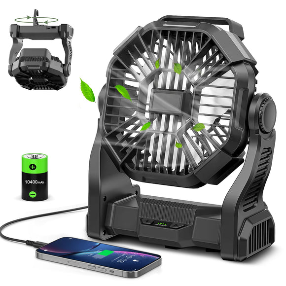 CONBOLA Portable Rechargeable Camping Fan for Tent, 10400mAh Battery Operated Outdoor Fan with Hanging Hook, LED Lantern, 270° Rotation, 10-Inch Small Quiet Personal Usb Cooling Fan for Travel CONBOLA