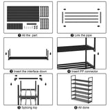Hsscblet 6 Tiers Metal Shoe Rack,Adjustable Shoe Shelf Storage Organizer with Hooks,Stackable Boot & Shoe Storage,for Entryway,Hallway,Closet,Black