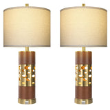 KIVDITZO 27.5" Rustic Living Room Table Lamps Set of 2 with Night Light, Leather Table Lamps with USB A+C Ports for Bedroom, Bedside Lamp with Linen Shade for Office Bedroom Nightstand(Bulb Included)