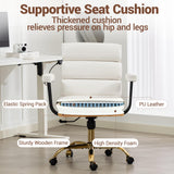 Leather Office Chair with Wheels,Ergonomic Swivel Rolling Task Chair,Padded Seat and Armrests,Adjustable Height Home Desk Chair,Executive Computer Chair, Gold Base Makeup Vanity Chair,White